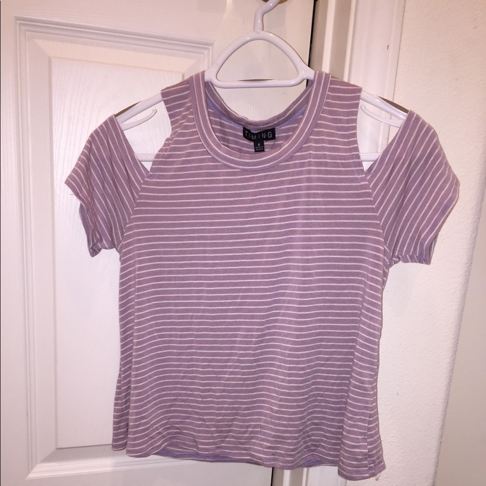Lavender Cold Shoulder Tee w/ White Stripes